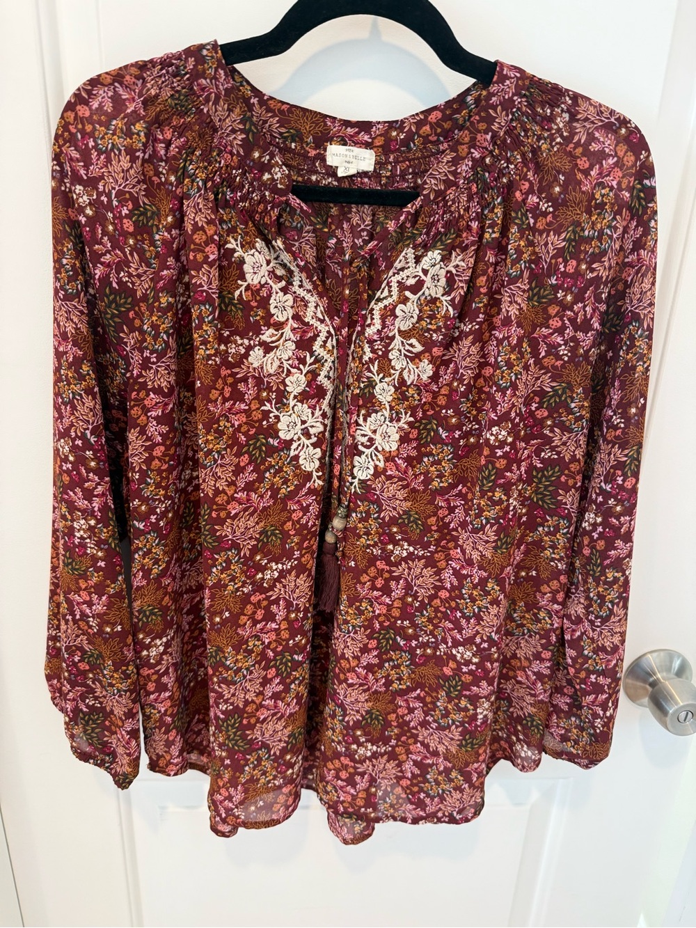 Floral Embroidered Peasant Blouse - Burgundy